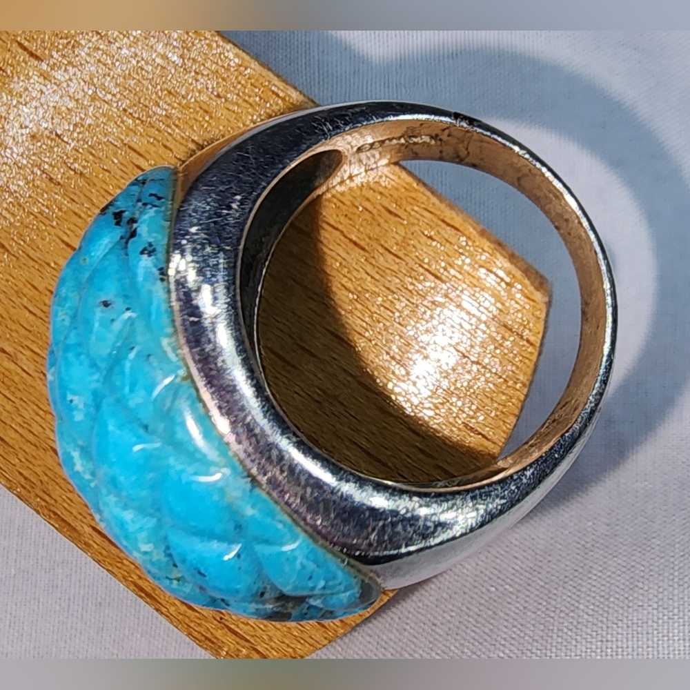 Sterling Silver Carved Turquoise Quilted Checkerboard Cut Dome Ring sz 8 1/2